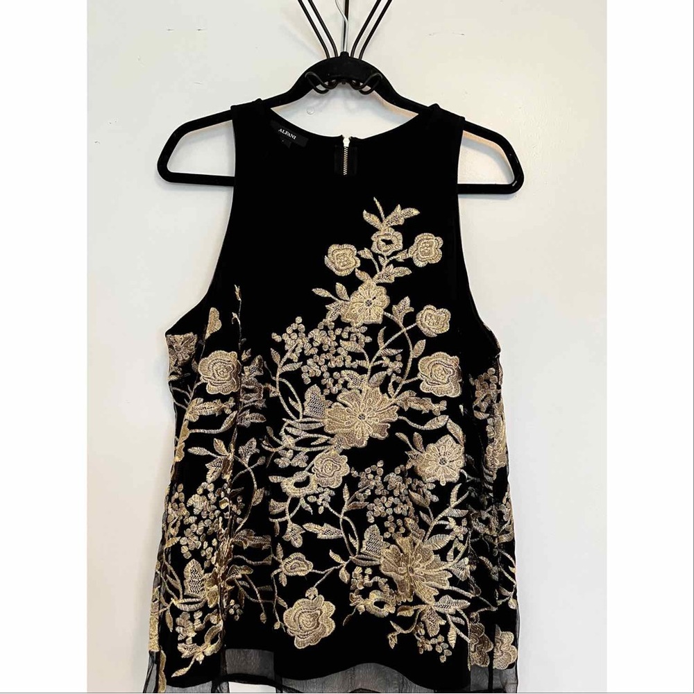 ALFANI sleeveless women’s black blouse with gold floral embroidery